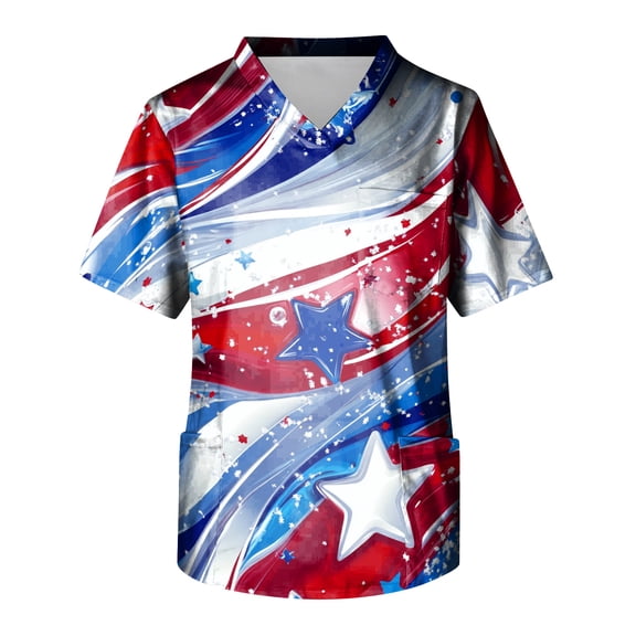 4th of July Scrub Top for Men 250th Anniversary USA – Patriotic, 3 Pockets, Tailored Fit, Modern V-Neck, 4-Way Stretch, Moisture-Wicking 03-Blue 3XL