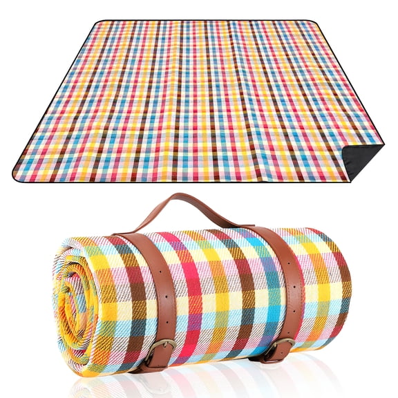 LANDLIT Extra Large Picnic Outdoor Blanket, 80"x 80" Waterproof and Foldable Beach Blanket with Carry Strap, 3-Layer Soft Fleece Outdoor Blanket for 6 to 8 Adults Camping, Travel, Park, Grass, Patio