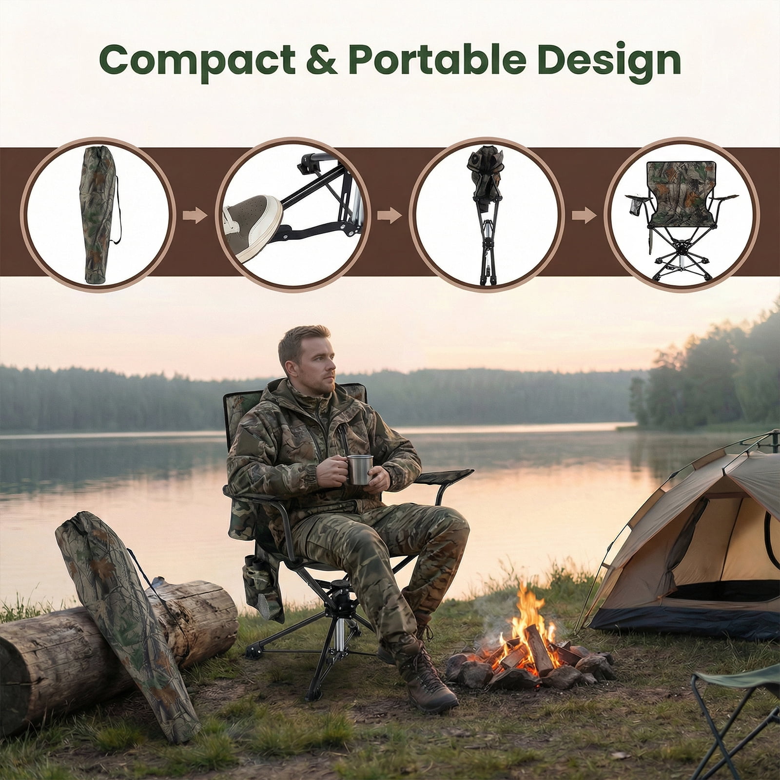 Goplus 1 PCS 360° Swivel Hunting Chair with Mesh Cup Holder & Storage Pockets Cozy Backrest Camouflage