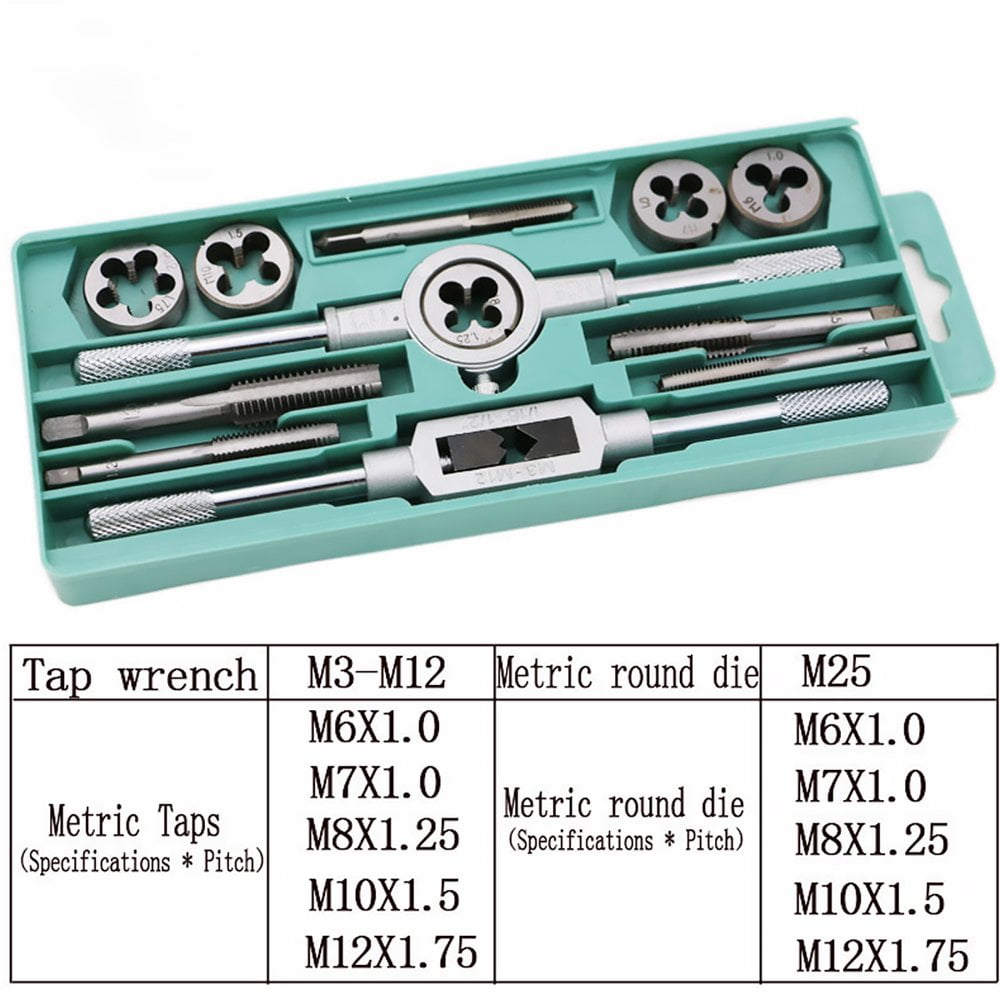 12Pcs Premium Tap and Die Set Metric Size M6 M7 M8 M9 M10 M12 Tap Set and Die Set Threads Tapping Threading Tool Kit with Handle for Internal and External Threads