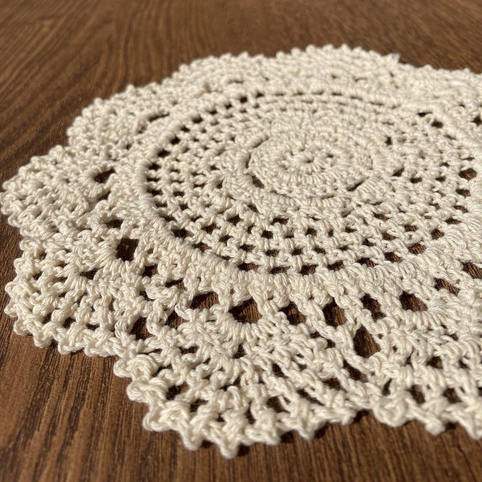 Beige Round 8 inch Crocheted Cotton Doily Floral Design Fabric Doilies Pack,Set of 2 Dollies Crochet Table Place Mats for Christmas Table Decoration
