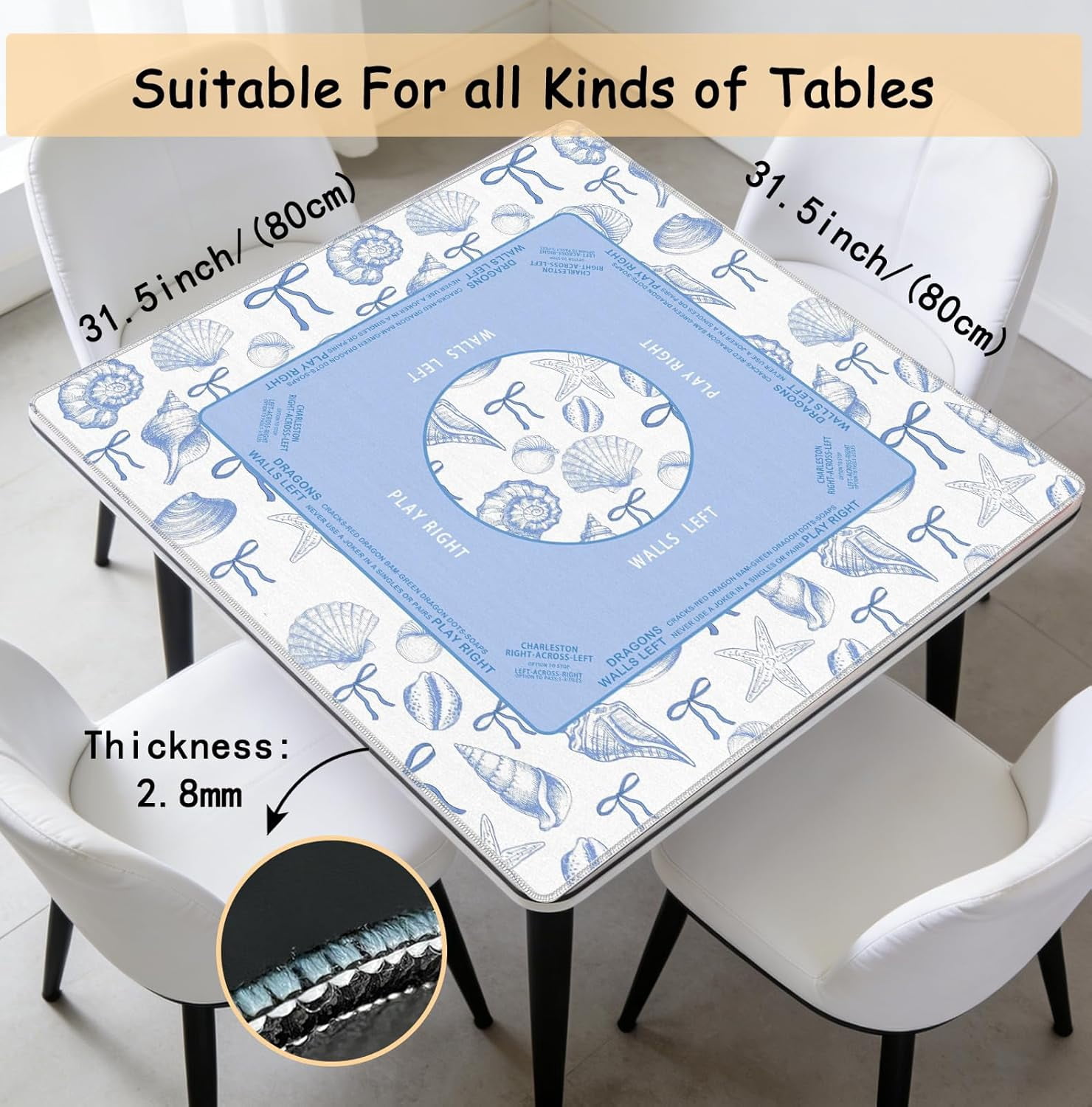 Blue Bow Coastal Beach Mahjong Mat 31.5 x 31.5 Inch, Nautical Starfish Conch Non-Slip Noise Reduction Mahjong Table Mat for American Mah Jong Poker Card Board Games Dominoes