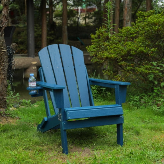 Navy Blue HDPE Folding Adirondack Chair Composite with Wood Texture and Built-in Dual Cup Holders
