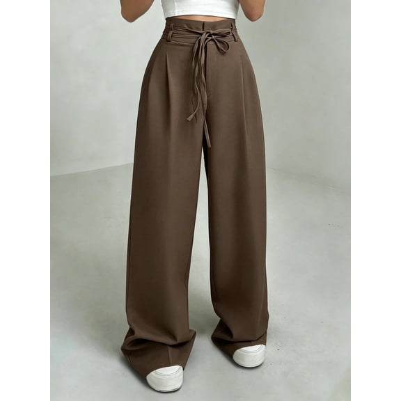 Women's High Waist Tie Waist Wide Leg Pants, Pleated Draped Trousers for Work, Office, Everyday & Business Casual Wear