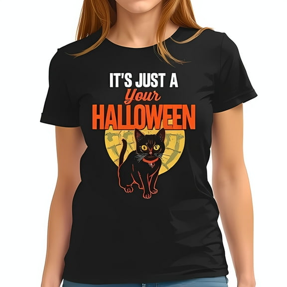 Vintage Black Cat Halloween Moon Graphic T-Shirt - Retro Style Short Sleeve Cotton Tee for Autumn Casual Wear