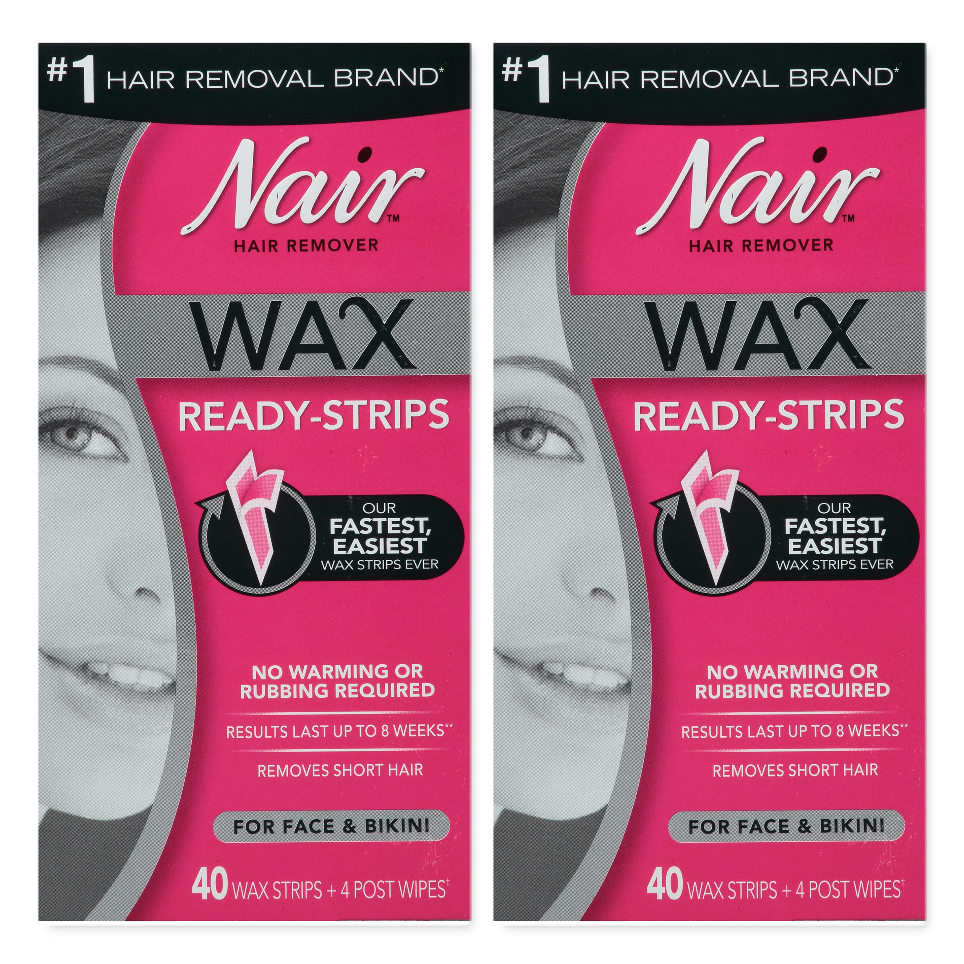 2 Pack Nair Hair Remover Wax Ready-Strips for Face & Bikini 40 Wax Strips