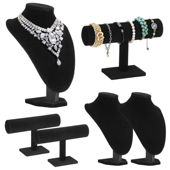 6 Pcs Jewelry Display Set, Including 3 Pcs Necklace Display Busts & 3 Pcs T-Bar Bracelet Holders, Black Velvet Jewelry Display Stands, Necklace Bangle Mannequins for Trade Show
