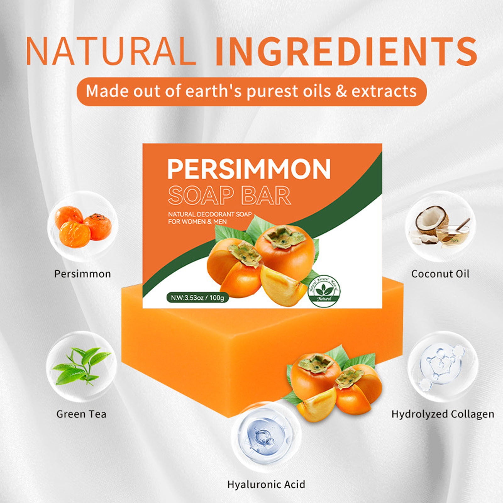 Persimmon Soap Bar for Body Odor Control, Remove Body Odor, Organic Eliminating Body Odor Wash Soap for Women & Men, Persimmon Body Wash Soap for Women & Men 100g