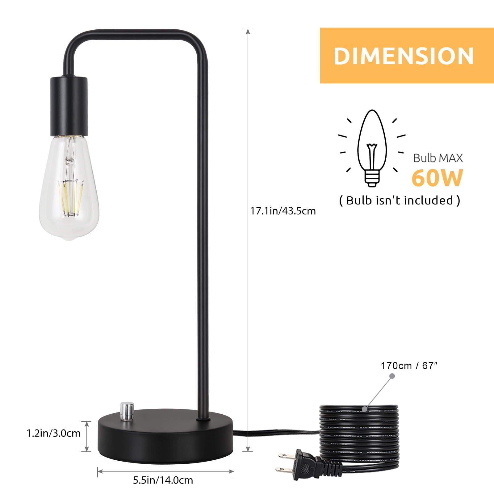 Desk Lamp for Bedroom Bedside lamp, modern lamp for living room Reading office(black)no bulb
