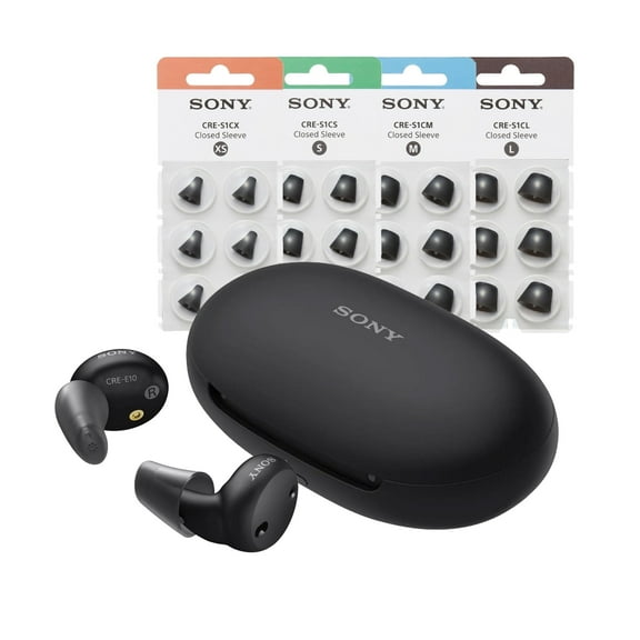 Sony CRE-E10/BD Self-Fitting OTC Hearing Aids with Rechargeable Battery (Black) with Sleeves (L, M, S, XS)