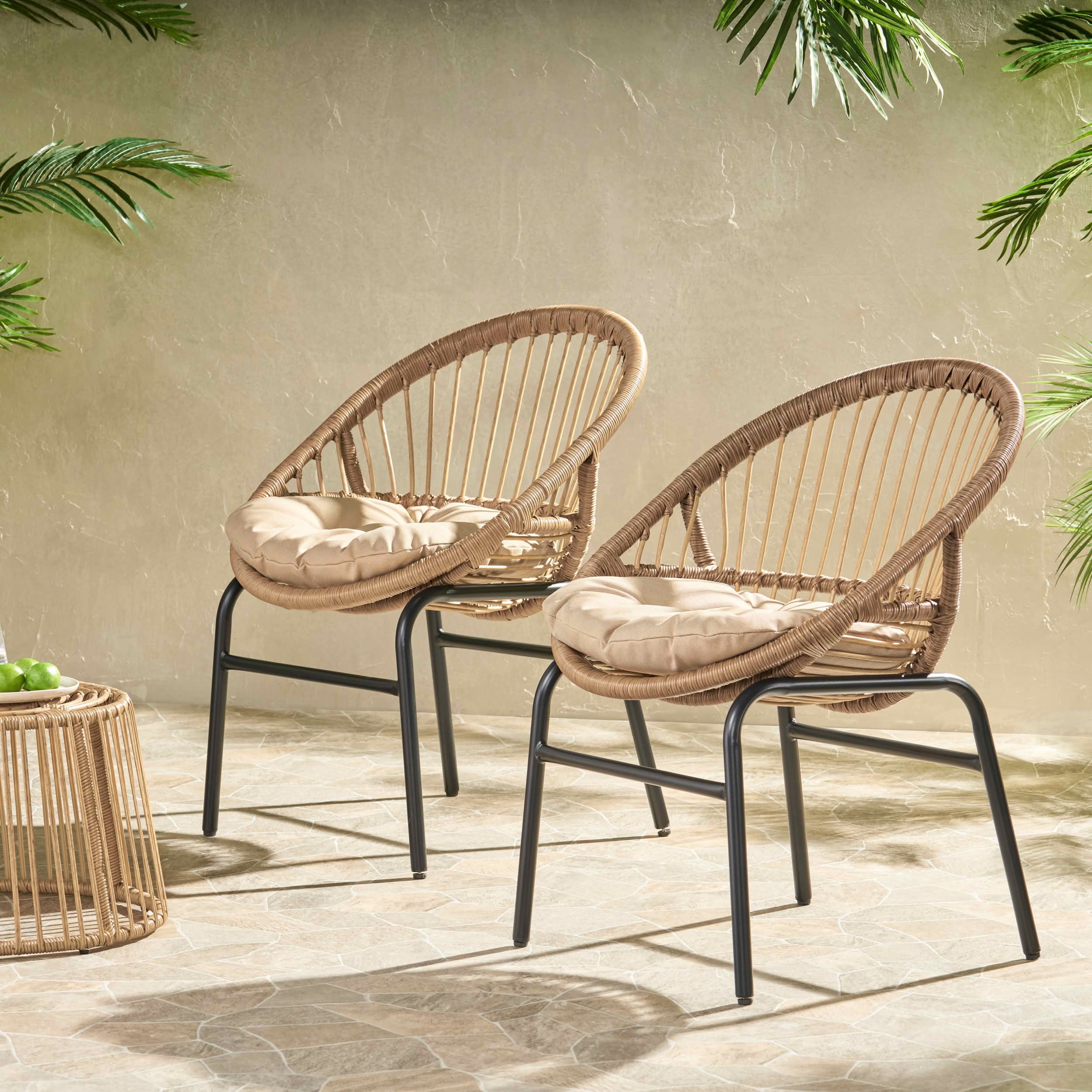 MAYEERTY Set of 2 Patio Boho Woven Rattan Outdoor Dining Chairs with Metal Frame & Water-Resistant Cushions