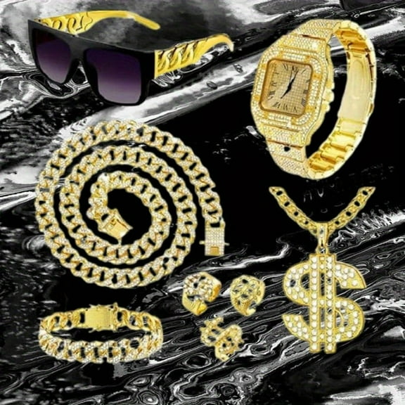 8PCS Hip Hop Jewelry Set Dollar Sign Pendant Necklace Bracelet Diamond Watch Punk Glasses Lucky Rings for Men hip-hop