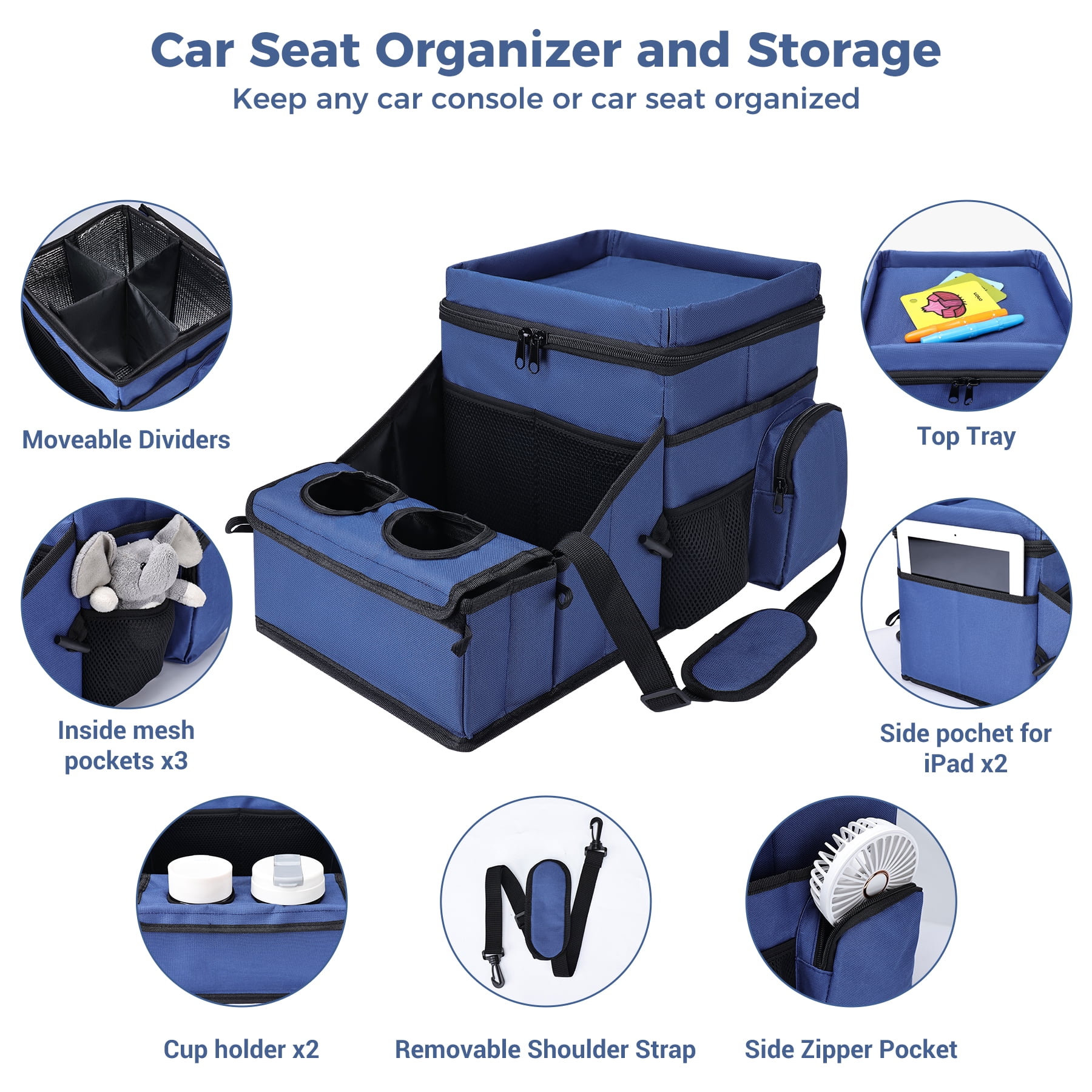 INFANZIA Car Seat Organizer, Backseat Van Organizer with Cup Holders for Car Front Passenger and Back Seat, Carseat Storages with Cooler Compartment for Kids and Adults for Toy, Snacks , Dark blue
