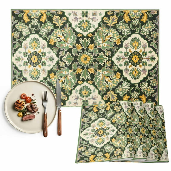 Placemats Set of 4, Green Yellow Boho Flower Place Mats Bohemian Tribe Style Tablemats Washable Placemat Table Decoration for Kitchen Table Dinner Party Home Decor Indoor Outdoor 13x19 Inch