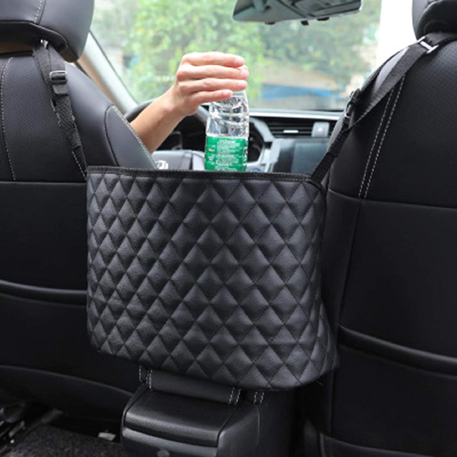 Car Net Pocket Handbag Holder Between Seats Leather-Black Barrier of Backseat Pet Kids Large Capacity Storage Netting Pouch Handbag Holder for Car Purse Seat Back Mesh Organizer 
