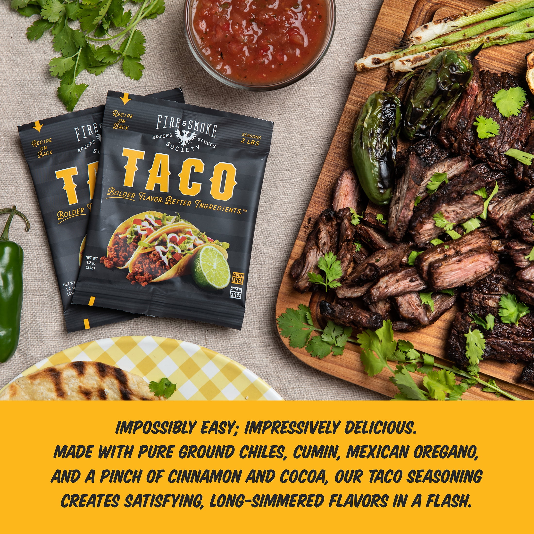 Fire & Smoke Society Family Size Taco Seasoning Mix 1.6 oz, Seasons 2 lbs, Mixed Spices & Seasonings