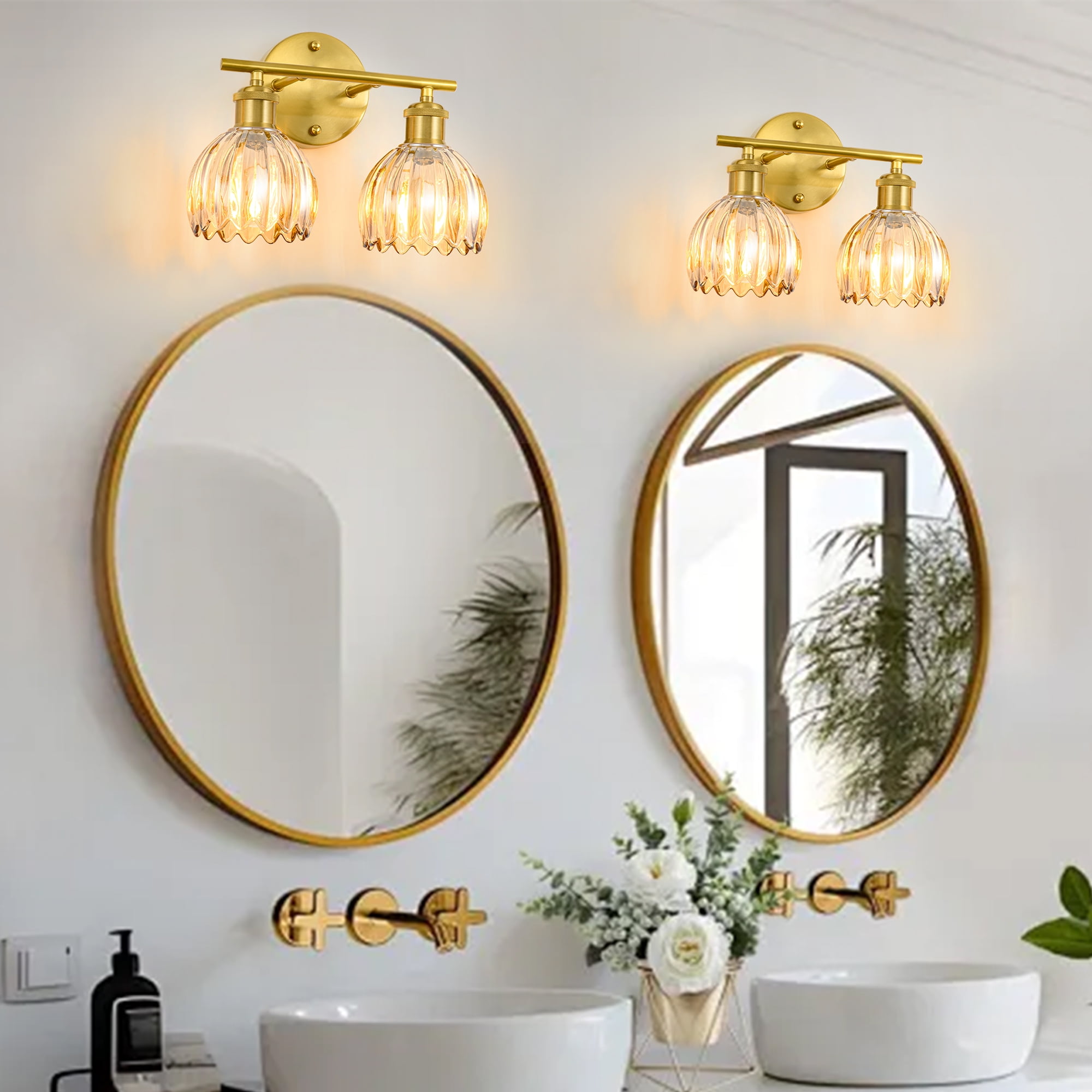 GCGAFUL Modern Gold Bathroom Vanity Light Fixtures, 12 in. 2-Light Bathroom Lights Fixtures Over Mirror with Amber Tulip Glass Shade