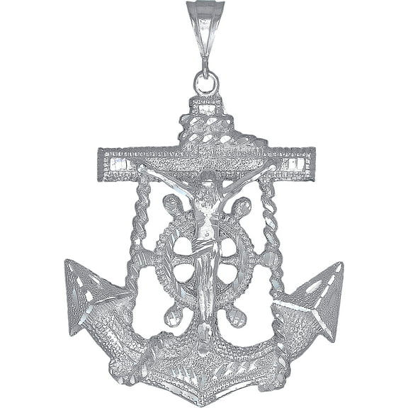 Huge Heavy Sterling Silver Anchor Cross with Jesus Pendant Necklace 3.4 Inches 28 Grams Diamond Cut Finish with Figaro Chain