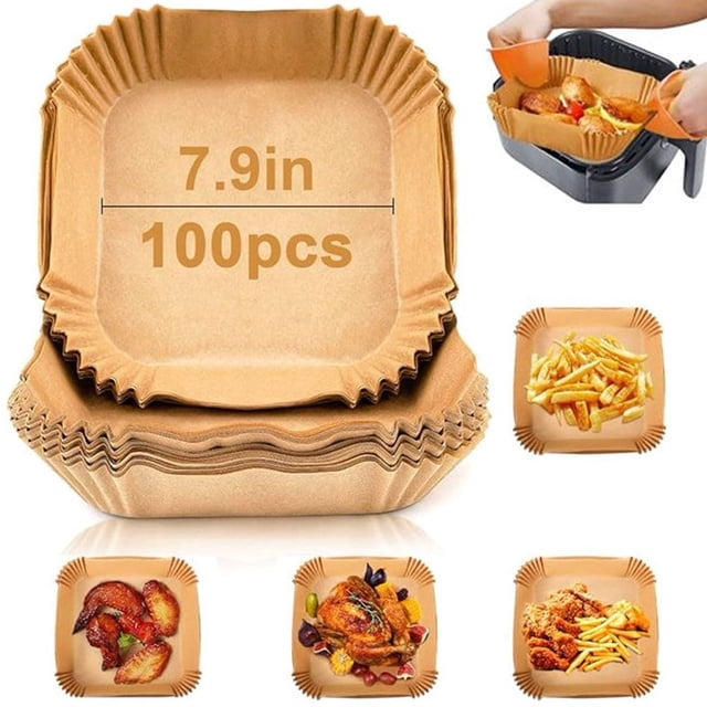 Nvzi Papel de horno cuadrado desechable para freidora de aire, papel pergamino, 20 cm (7,9 pulgadas), 100 unidades.