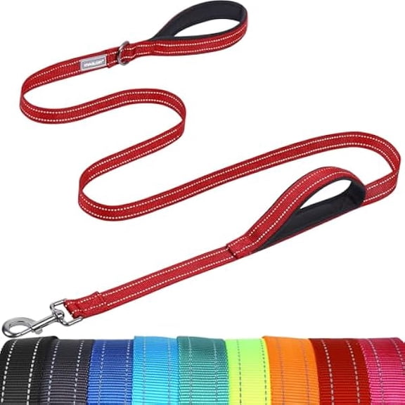 Eryueer Dog Lead Twingrip Double Handle Dog Lead, Leash with Traffic Handle & 2 Loop for Walking & Training, Traffic Control Reflective Heavy Duty for Puppy Pet, 1.2m x 2.5cm, Red