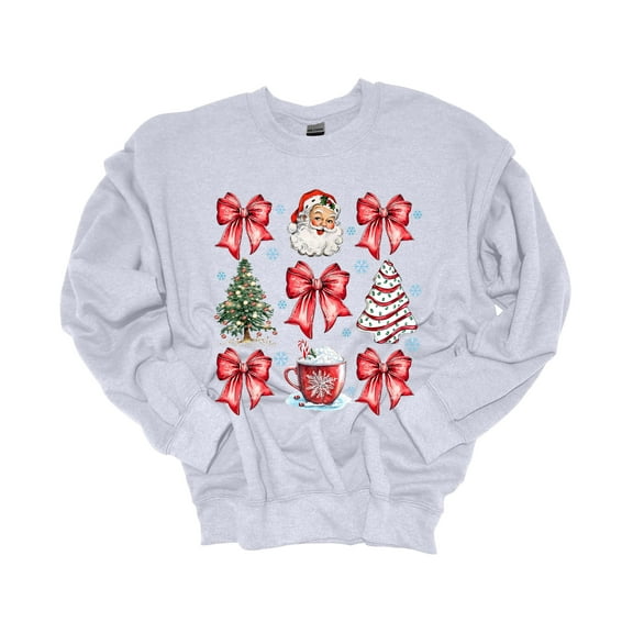 Trenz Shirt Company Christmas Sweatshirt Santa Claus Tree Cake Bows Coquette Christmas Crewneck Sweatshirt-Ash Grey-4xl