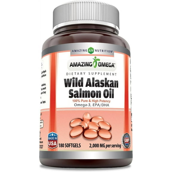 Amazing Omega Wild Alaskan Salmon Oil 2000mg Per Serving 180 Softgels Supplement | Non-GMO | Gluten Free | Made in USA