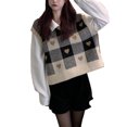 thumbnail image 3 of Chaleco de punto Estilo clásico a cuadros Cuello en V Suelto Suave Cálido Poliéster Colores vivos Suéter sin mangas para niña Mujer Estudiante Negro Tamaño libre, 3 of 8