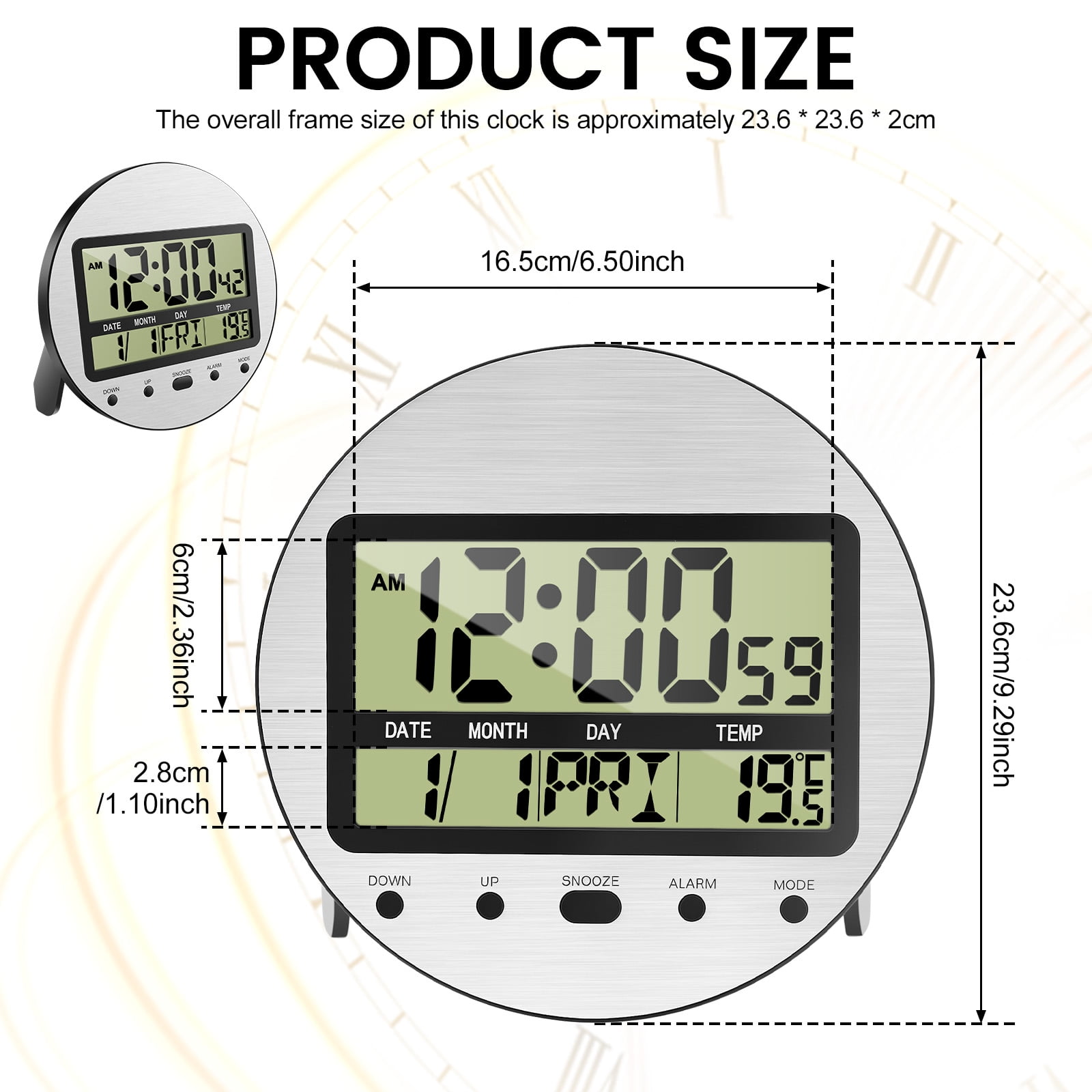Atomic Digital Wall Clock with Temperature,Seconds,Date and Day of Week - Easy to Read/Set,Auto DST,Aluminum Silver,Round,Wall Mount/Desk Battery Operated