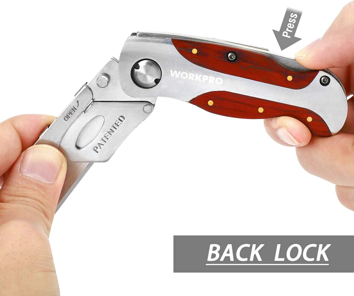 Quick-Change Utility Knife, Classical Retro Style Wood Grain Handle, Back Lock Folding Knife with Clip
