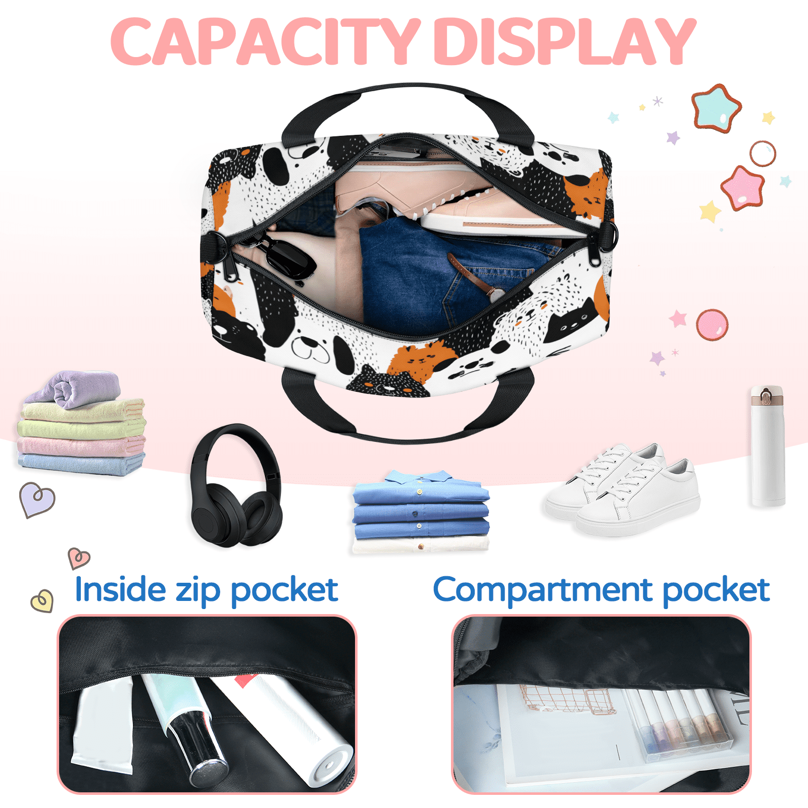 Herdesigns Funny Dog Gym Bag for Women, Duffle Bag for Travel Sport, Colorful Puppy Lightweight Waterproof Carry on Weekender Dance Yoga Workout Bags