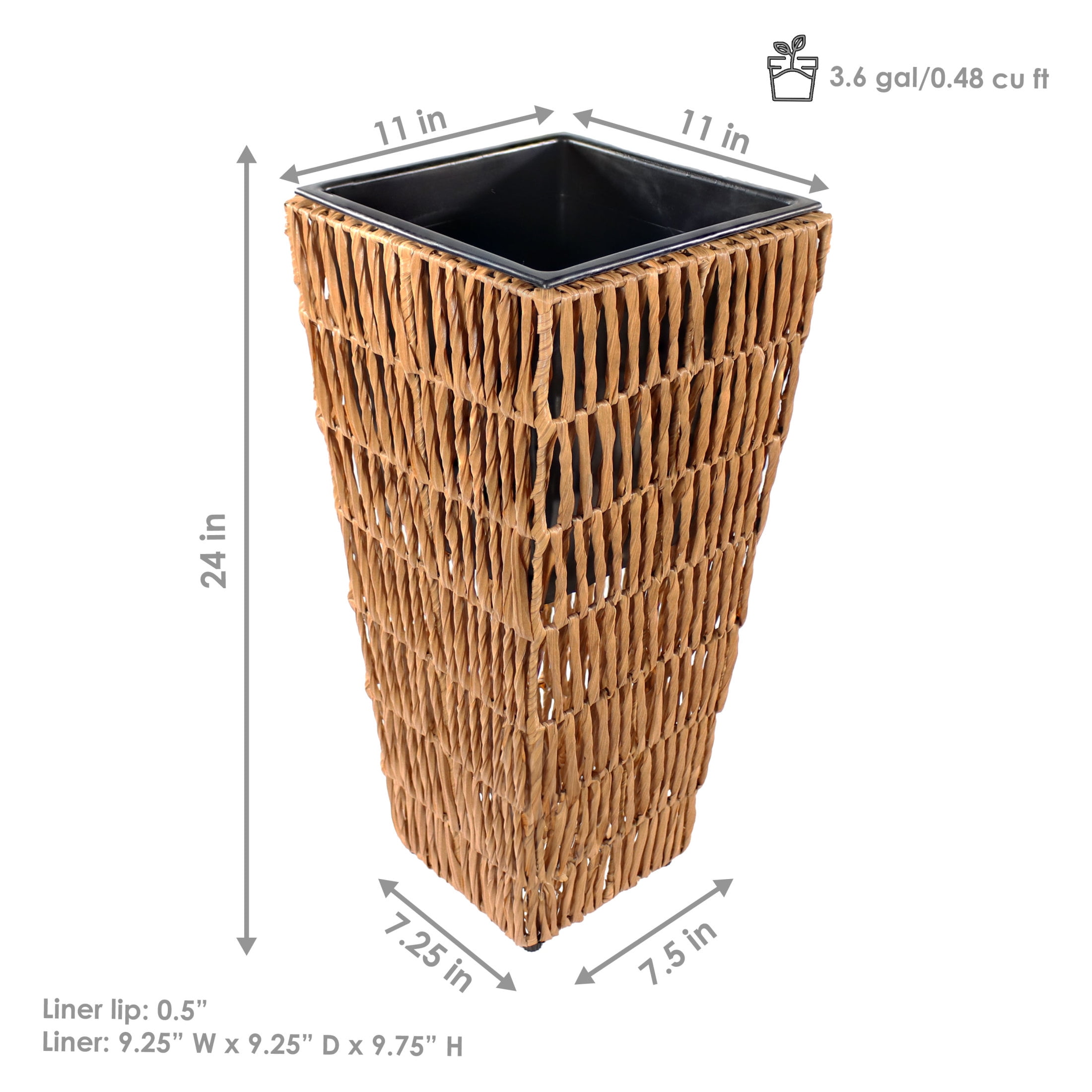 Sunnydaze Hyacinth 11" x 11" x 24" Square Barley Poly-Wicker Planter with Liner