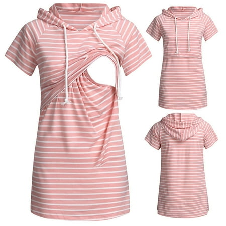 

Nursing Hoodie Short Sleeves Shirt Casual Double Layer Breastfeeding Top Sweatshirt Maternity Striped Top Soft Long Hooded Nursing T-shirt
