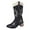 Black, variant on Embroidery Knee High Cowboy Boots Women Stacked Heel Splice Leather Wide Calf Pull on Long Cowgirl Booties