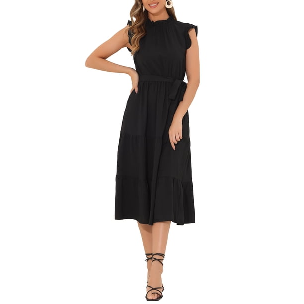 INSPIRE CHIC Vestidos Midi para Mujeres con Cuello Alto y Mangas Rizadas L Negro