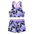 thumbnail image 3 of Xnihocha Kids Girls Gymnastics Dance Sports 2 Piece Outfit Racer Back Crop Top with Booty Shorts Camouflage Purple 10, 3 of 7