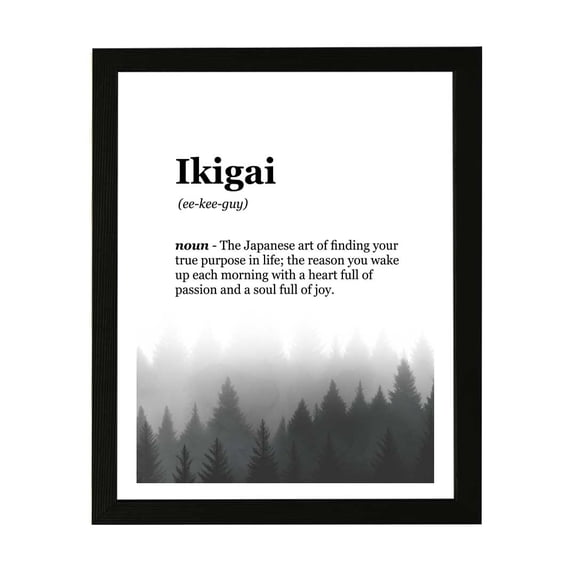 Designs ByLITA Ikigai Dictionary Definition Forest Design, 8 x 10 Black Wall Print (Framed) | Inspirational Modern Art Decoration