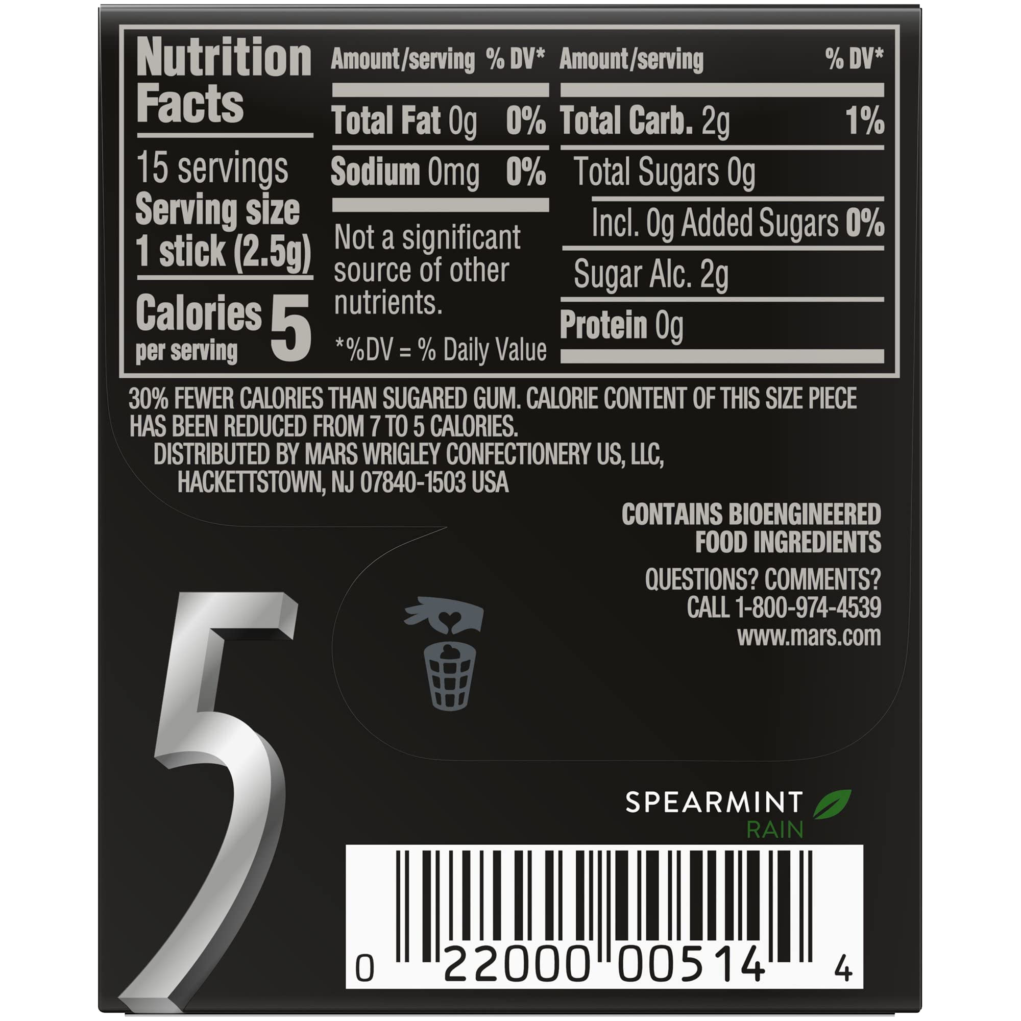 5 Gum Spearmint Rain Sugar-Free Gum, 15 Count -(Pack of 10)..