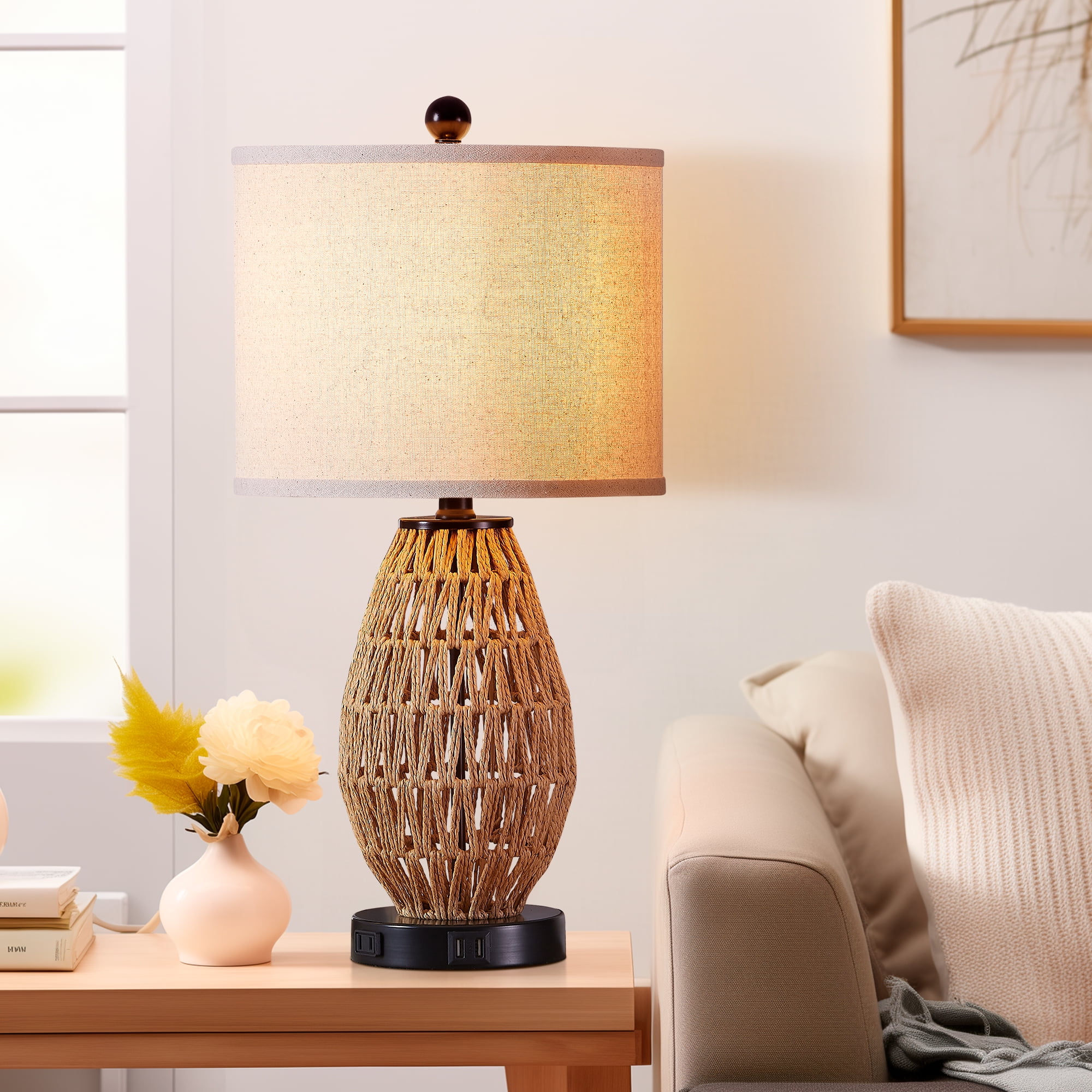 Cinkeda Rattan Table Lamps for Living Room Bedroom Modern 3 Way Dimmable Touch Nightstand Bedside Lamp with USB Ports AC Outlet