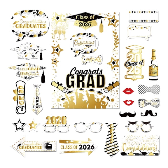 Class of 2026 Graduation Photo Booth Props 25 Piece Pack Black and Gold Paper Photo Props for Graduation Celebration Grad Party Photo Booth Decorations for 2026 Graduation Events