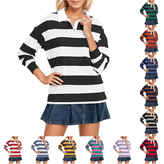 XIAONU Womens Striped Turn Down Collar Polo Shirt Long Sleeve Relaxed Fit Casual Golf Tops Daily Campus Casual Wear Top