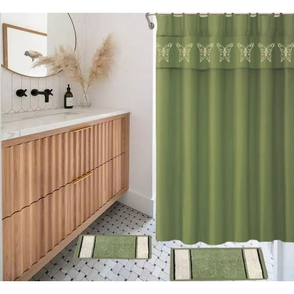 15-piece Hotel Bathroom Sets - 2 Non-Slip Bath Mats Rugs Polyester 72x72 Shower Curtain 12-Hooks Butterfly Sage Green
