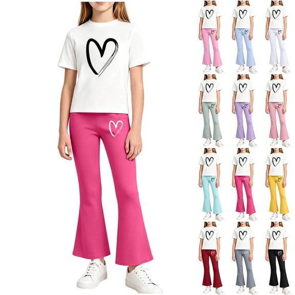 THDHVS Girls Fall Outfits,Girls Heart Print Round Neck Short Sleeve Top Stretchy Flared Pants Casual 2 Piece Set,Girls' Clothing Sets Black 3-4 Years