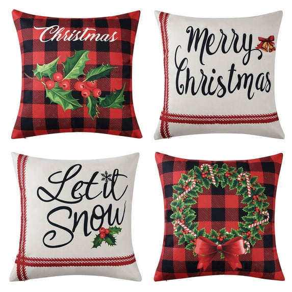 FairOnly 4 Pcs Plaid Throw Pillow Covers 18"x18" Farmhouse Christmas Decorative Pillowcase for Sofa Couch Bedroom, Black/Red