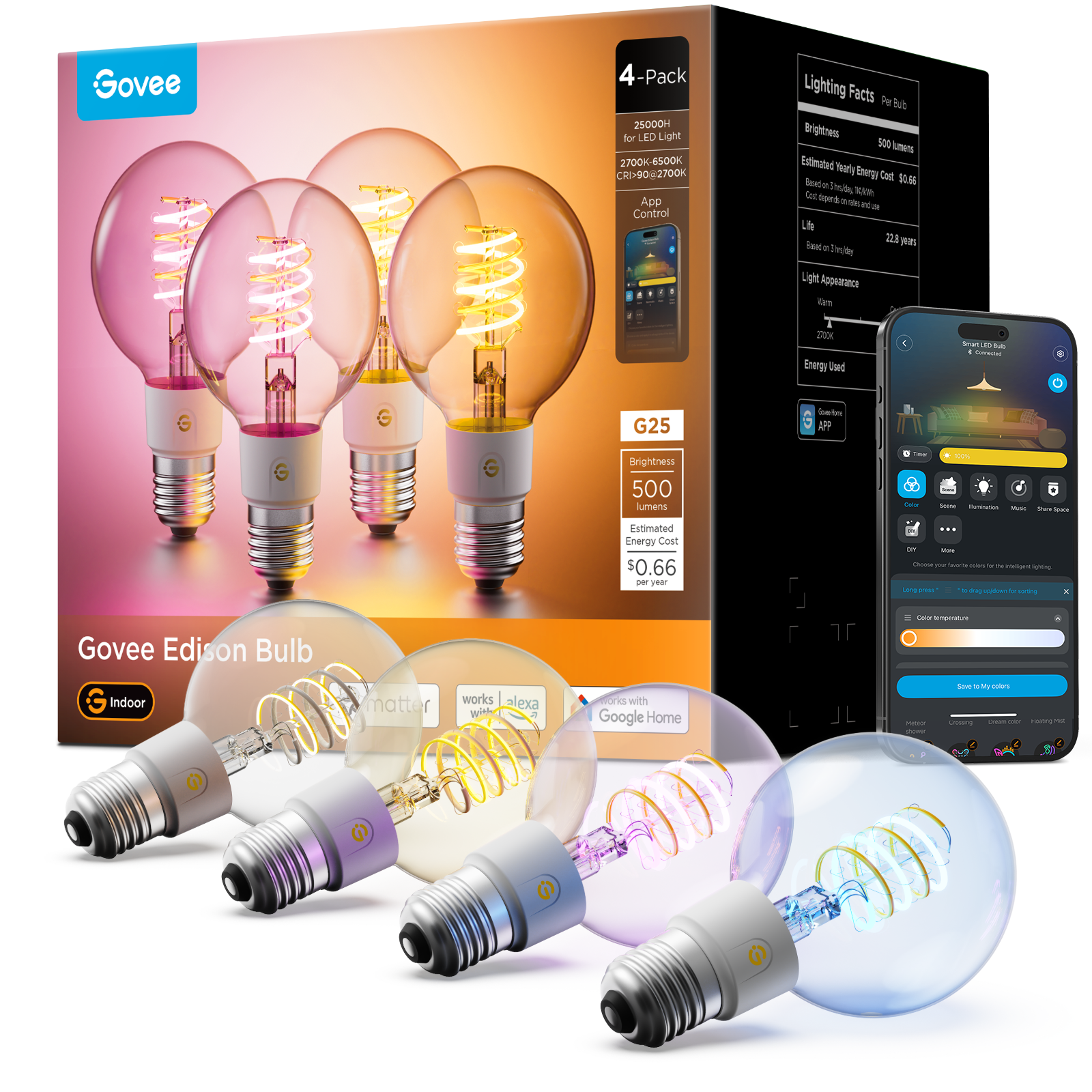 Govee G25 Smart Edison Light Bulb E26 500lm,4-Pack