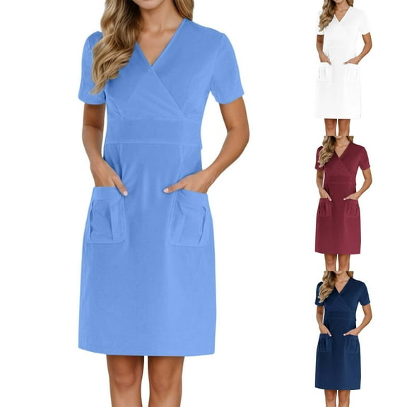 Shadoumai Scrubs For Women Short Sleeve Nurse Working Uniform V Neck Wrap Dress With Pocket Nursing Scrubs Holiday Workwear