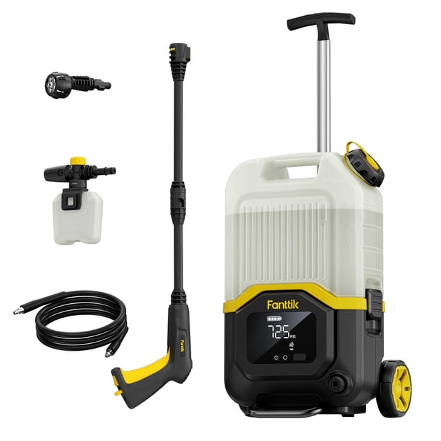 Hidrolavadora inalámbrica Fanttik NB8 Ultra con tanque de 15 litros, máx. 725 psi, boquilla 5 en 1, manguera de 6 m, presión ajustable, limpieza potente para lavado de autos y patios.
