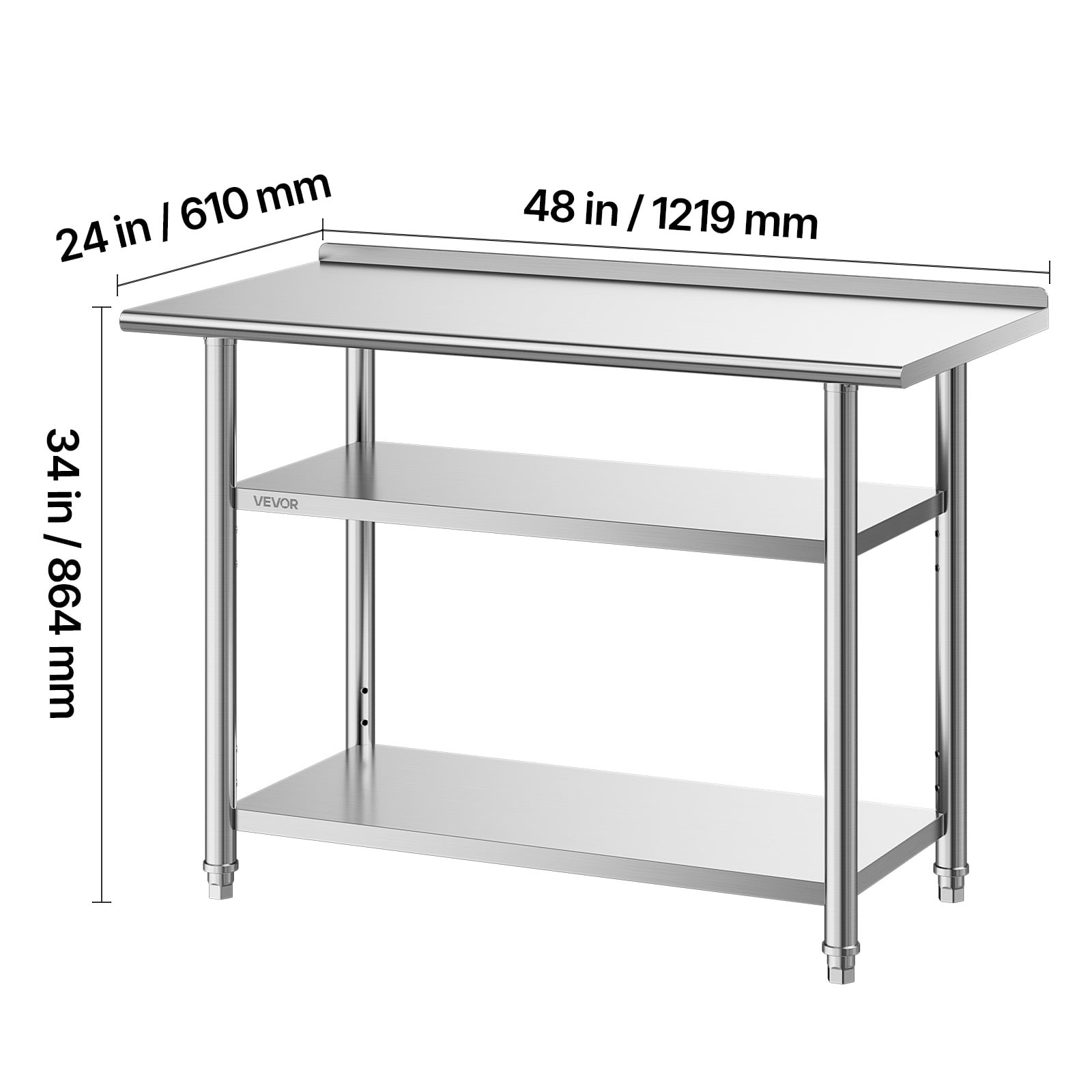 VEVOR Stainless Steel Work Table, 24x48 Inch Food Prep Table with 2 Shelves and Backsplash, Commercial Kitchen Workstation, Metal Heavy Duty Utility Worktable, for Restaurant Home Hotel Garage