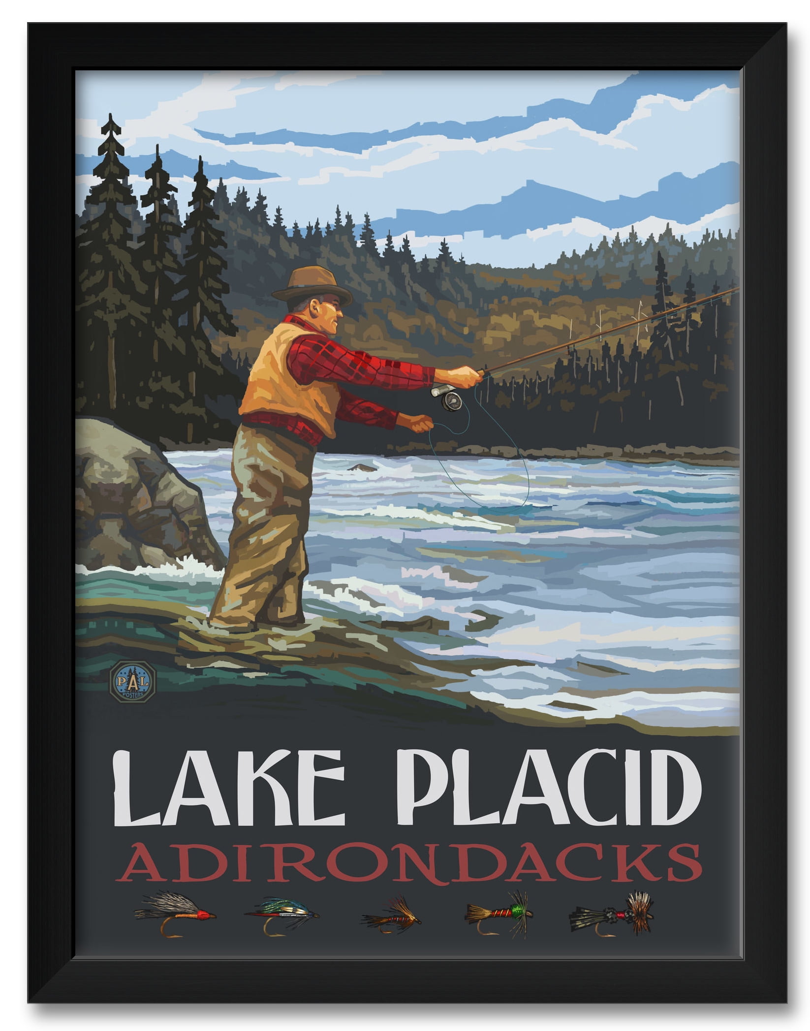 Lake Placid Adirondacks New York Fly Fisherman Stream Hills Framed Art