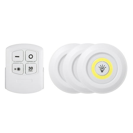 

4.5v 1W COB LED Puck Light 3 Pack with Remote Controller Brightness Adjustable Wireless Dimmable Touch Sensor Control Night Lamp Under Cabinet Battery Powered Operated for Cabinet Wall Stai