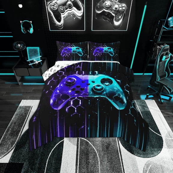 Erosebridal Video Game Theme Bedding Sets Twin with Comforter, Gradient Blue Cyan Gamepad Duvet Insert, Neon Light Bedroom Decor, Reversible 2 Pieces